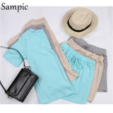 Summer Beach Casual O Neck Short Sleeve and Drawstring Shorts Two Piece Set