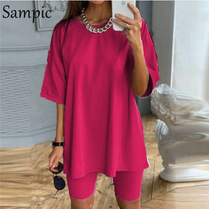 Casual O Neck Short Sleeve Shirt Top and Bodycon Shorts Two Piece Set