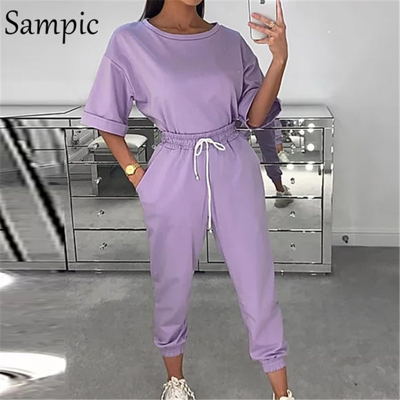 Casual Cotton O Neck Short Sleeve Shirt and Pants Two Piece Set