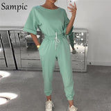 Casual Cotton O Neck Short Sleeve Shirt and Pants Two Piece Set