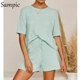 Summer Beach Casual O Neck Short Sleeve and Drawstring Shorts Two Piece Set