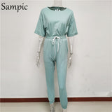 Casual Cotton O Neck Short Sleeve Shirt and Pants Two Piece Set