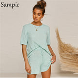 Summer Beach Casual O Neck Short Sleeve and Drawstring Shorts Two Piece Set