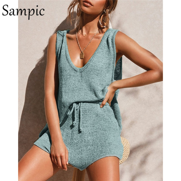 Summer Beach Strap V Neck and Shorts Two Piece Set