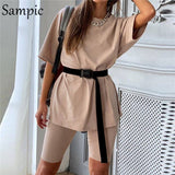 Casual O Neck Short Sleeve Shirt Top and Bodycon Shorts Two Piece Set